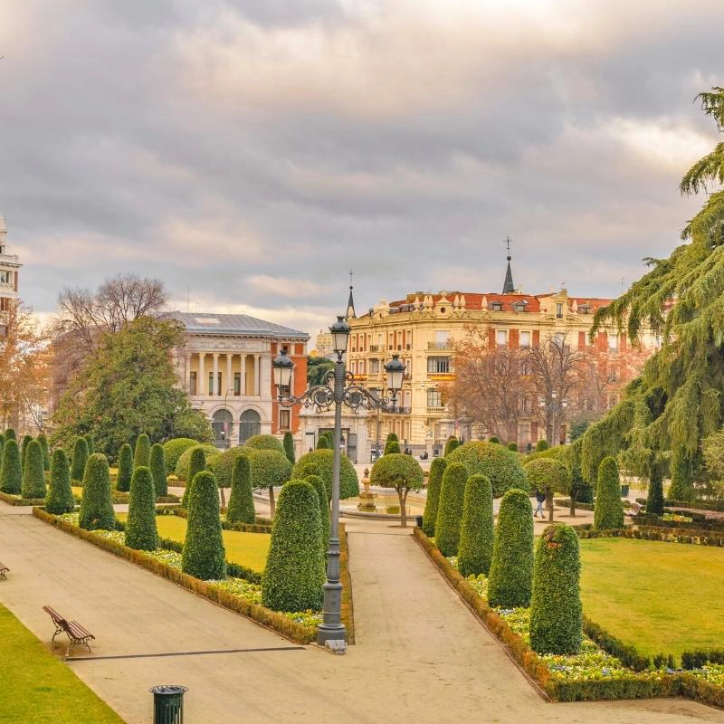 urban park with Madrid buildings in the background