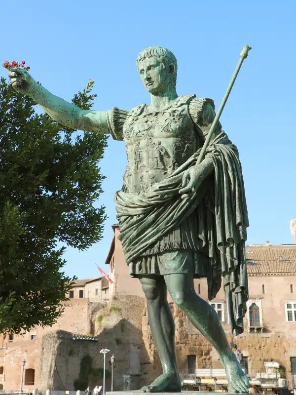 Bronze statue of Augustus the first emperor of Rome on Via dei Fori Imperiali Avenue, Rome, Italy.