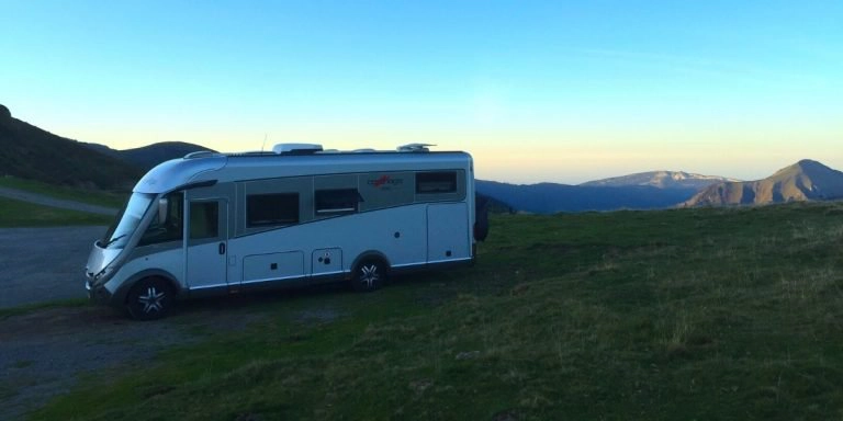 motorhome at dusk in the mountains of France