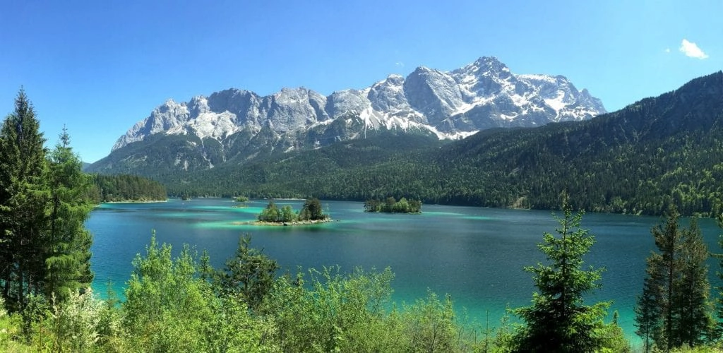 View of the snow capped Zugspitze across the Eibsee