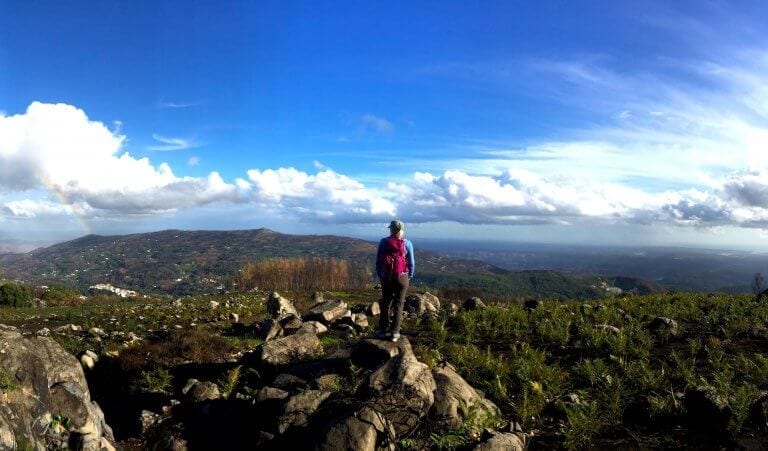 Hiker on large rock overlooking forest with blue skies