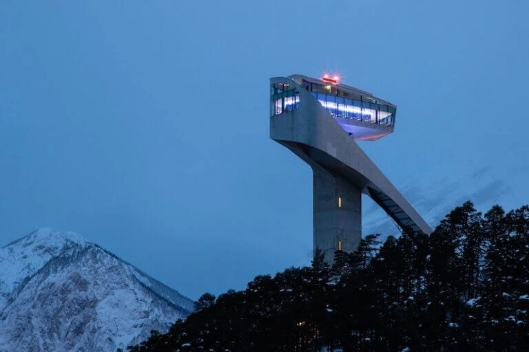 modern ski jump buidling at dusk