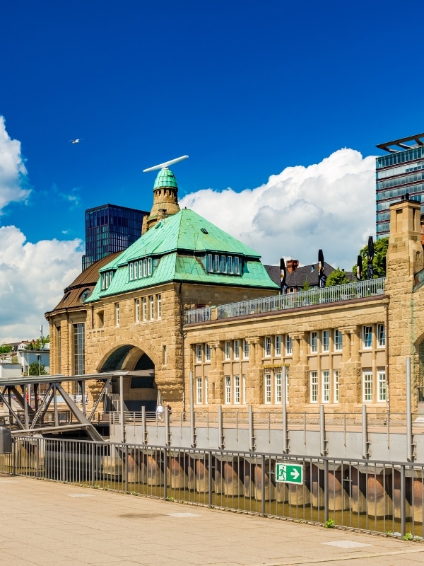 View of the river station building which is also the entrance to the Old Elbe Tunnel