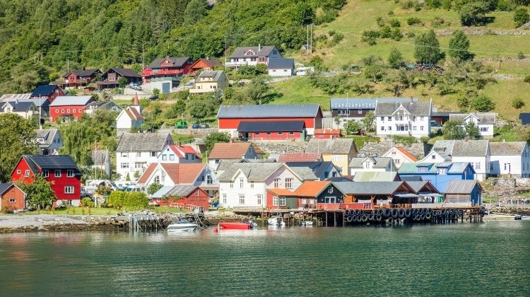 Fjord side view of colourful Undredal