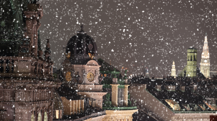 Europe in January, snow over rooftops in Vienna