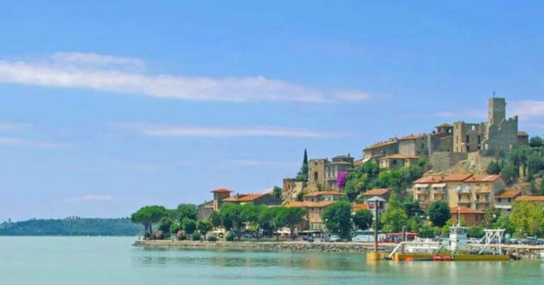 Turquoise lake with a pretty town at its edge