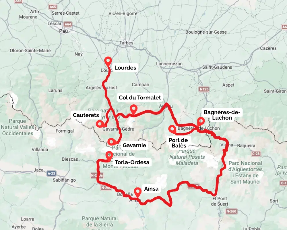 Pyrenees road trip map