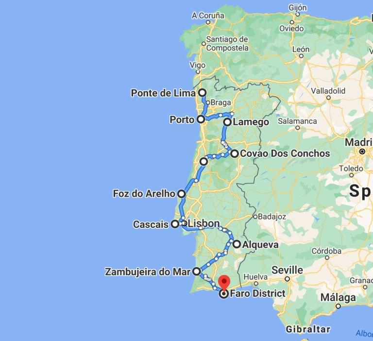 Map of motorhome and campervan routes in Portugal