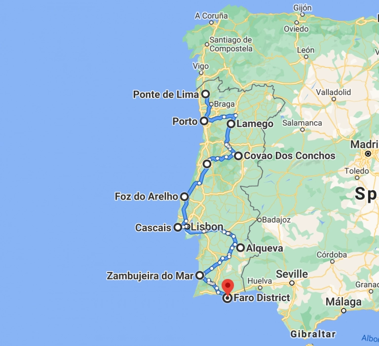 Map of motorhome and campervan routes in Portugal