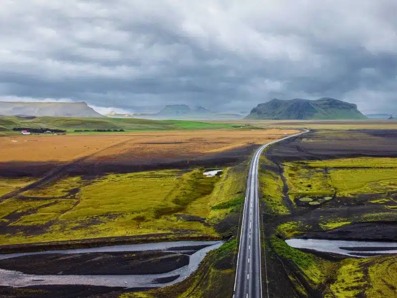 An Aerial view of the Ring Road under a cloudy sky in Iceland