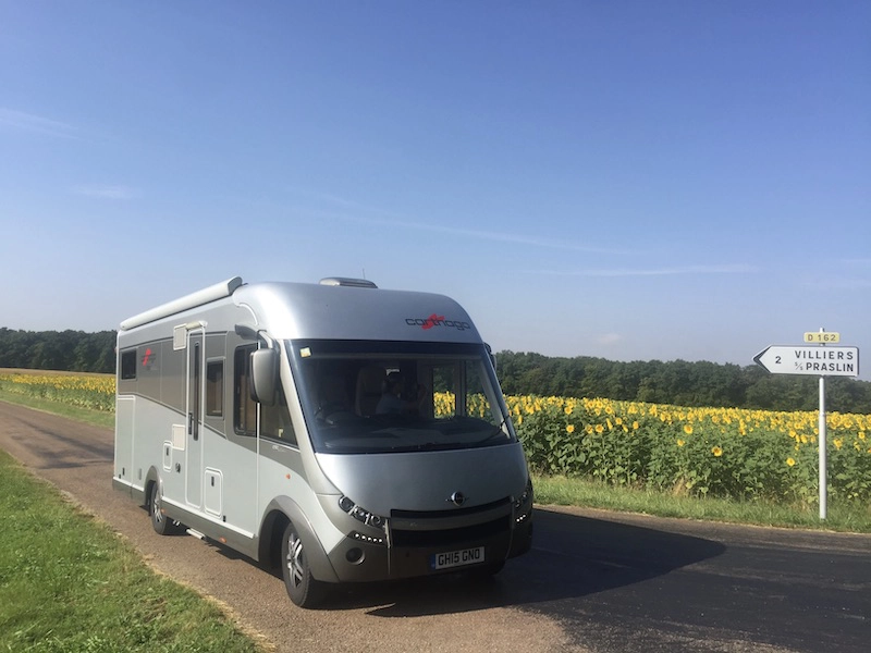 motorhome France surrounded by sunflowers