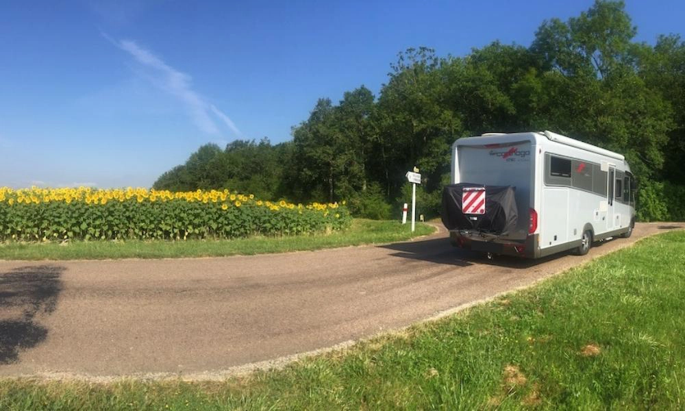 motorhome on a road surrounded by sunflowers