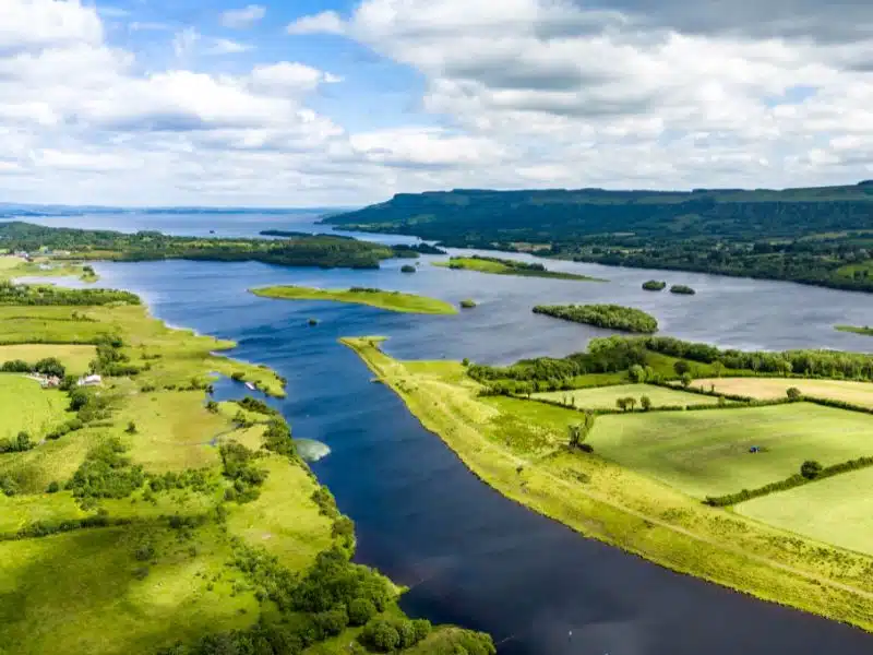 aerieal view of waterways and green fields