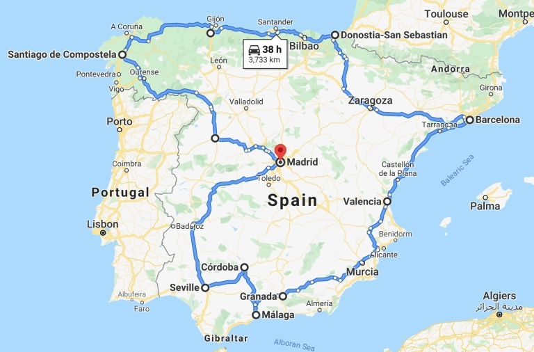 Spain road trip map