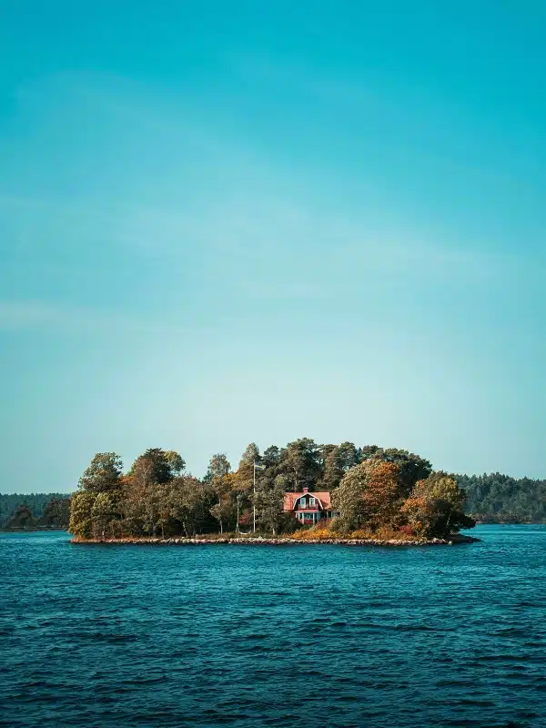 Red roofed houses surrouned by trees on a small island in a lake