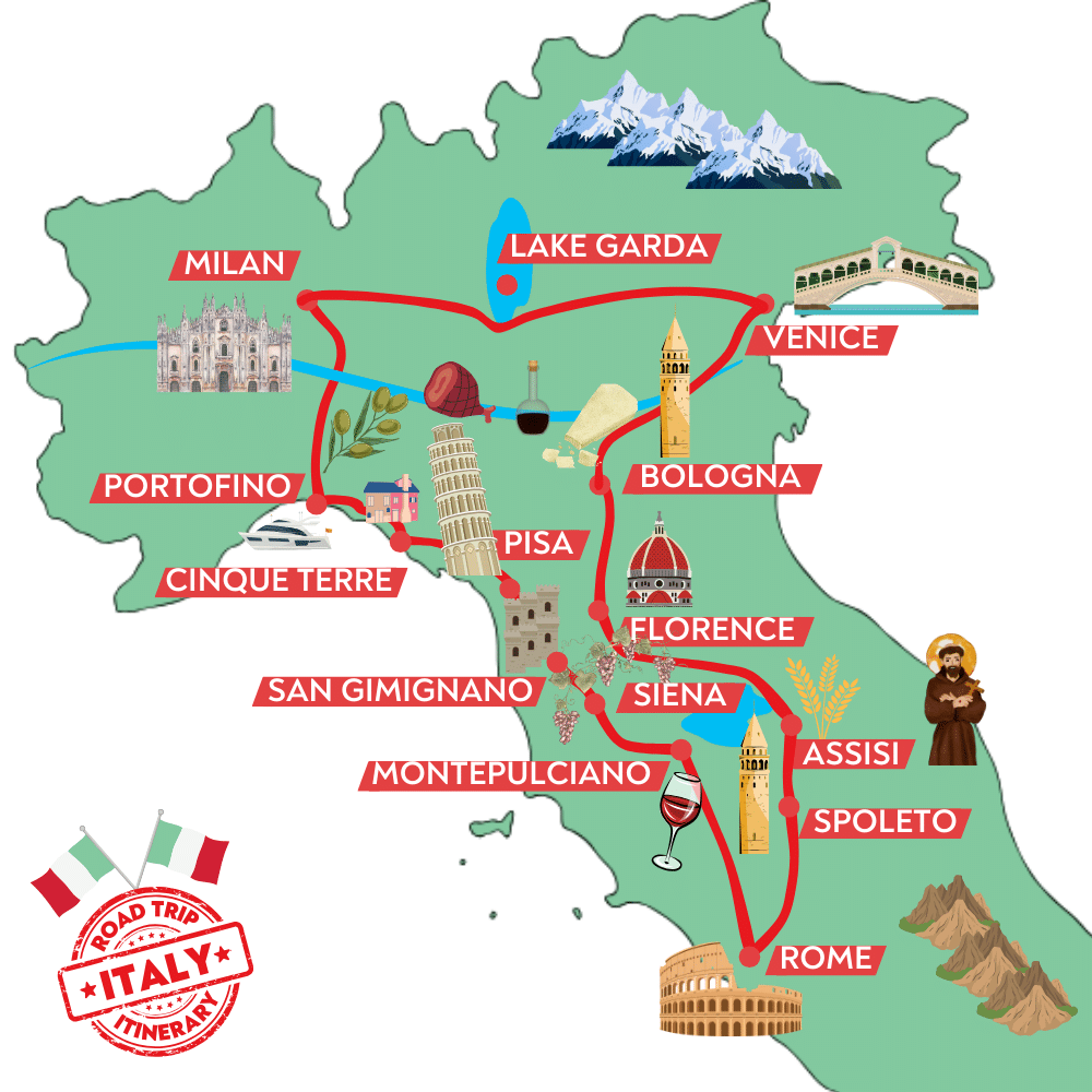 Road trip map of Italy