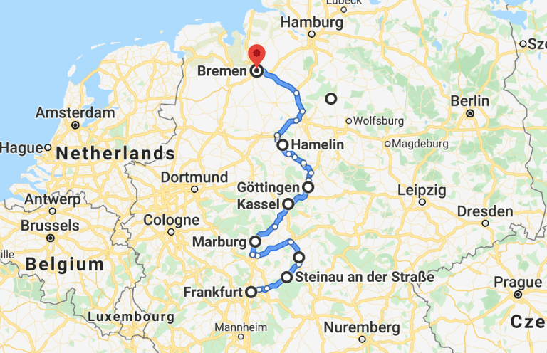 Map of the Fairy Tale Road and some of the best places to visit in Germany