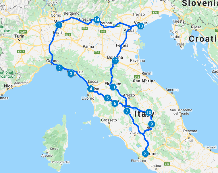 Italy road trip map
