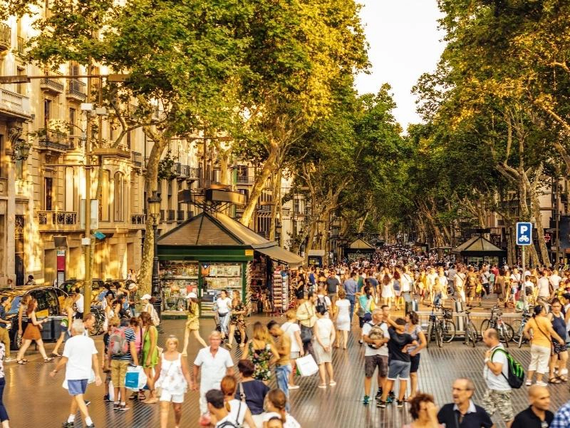 Busy pedestrianised street lined with trees and historic buildings