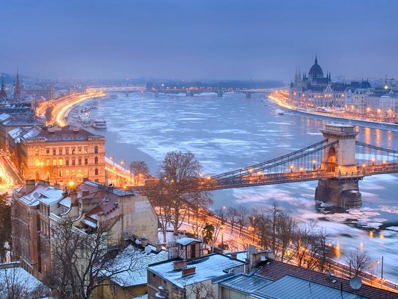 Aerial view of Budapest and the river Danube covered in snow and ice