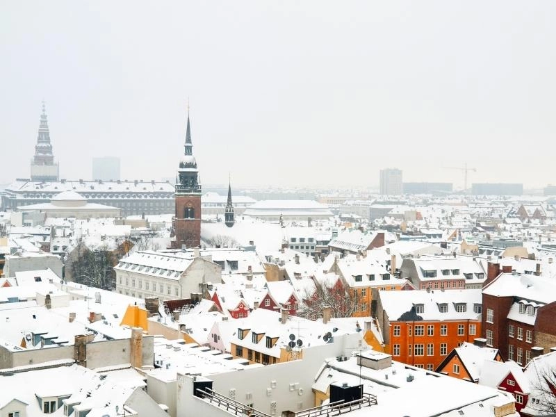 Copenhagen skyline with buildings covered in snow