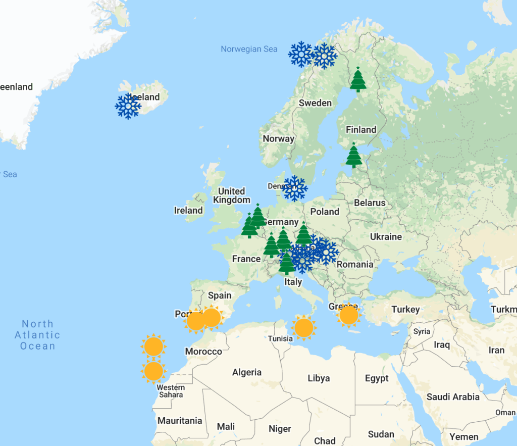 Europe winter destinations map