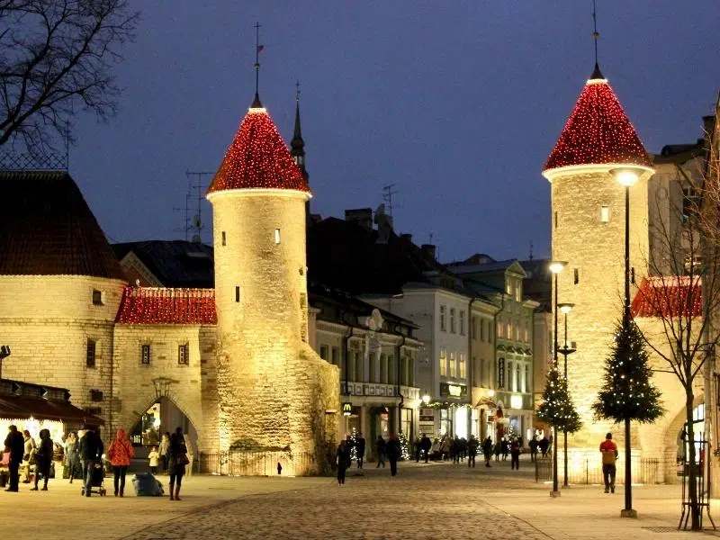 Tallinn old town walls and towers with festive decorations