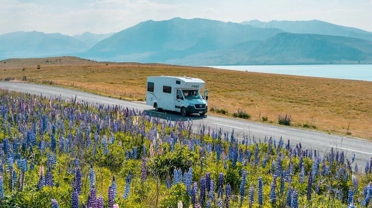 motorhome driving along a road surrounded by wild flowers with mountains and a lake in the distance