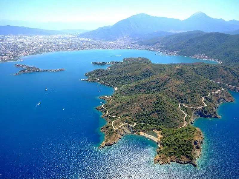 green wooded peninsula against a bright blue sea