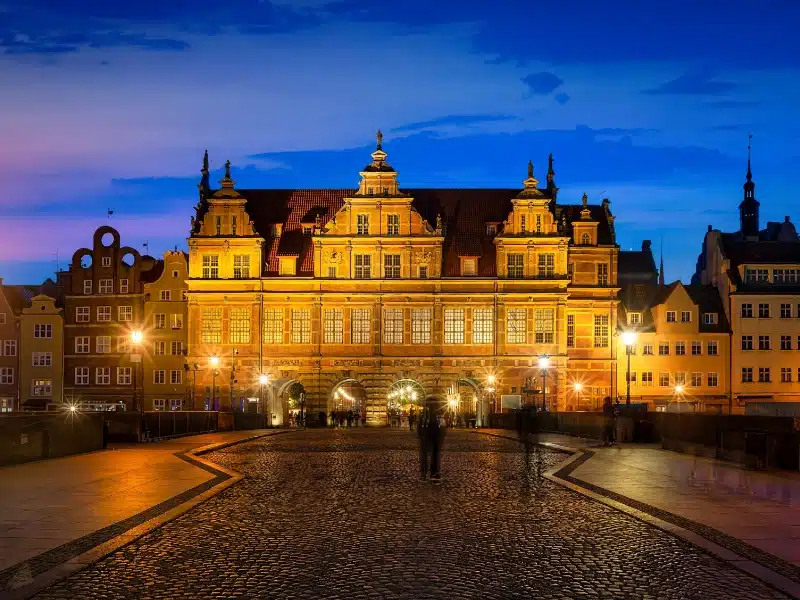 Green Gate and bridge in Gdansk at night