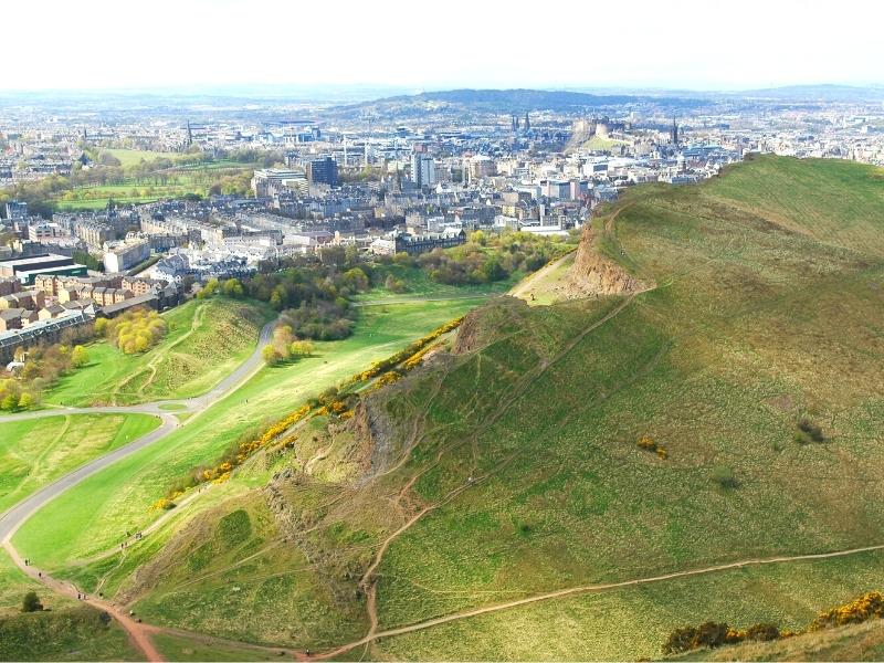 view over a city from a grassy green hill