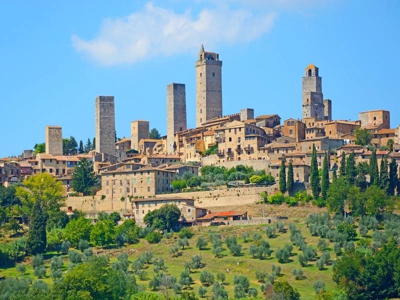 seven brick towers rising above small town with olive trees in the foreground