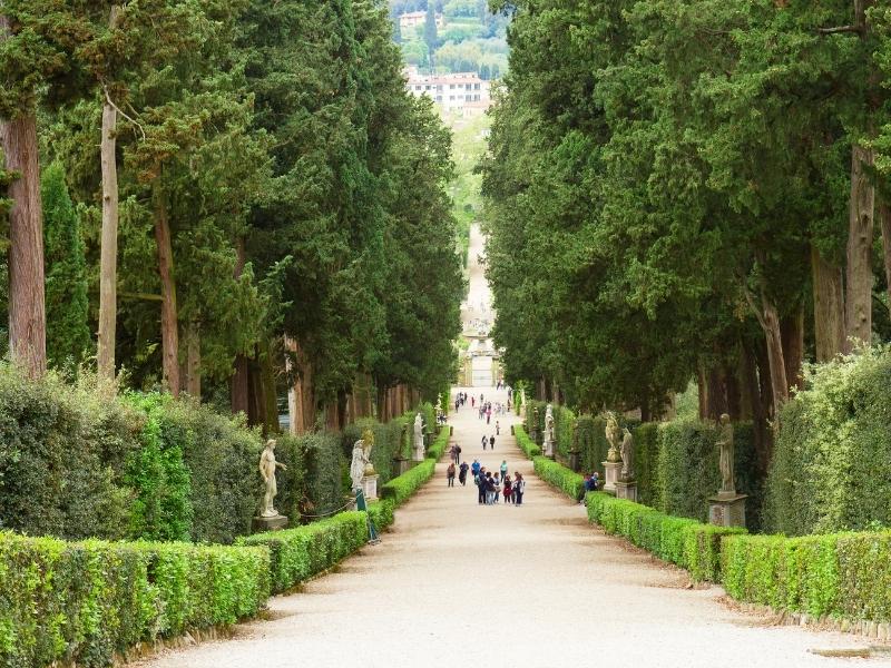 wide path thrugh a garden lined with box bushes and statues amongst larger trees