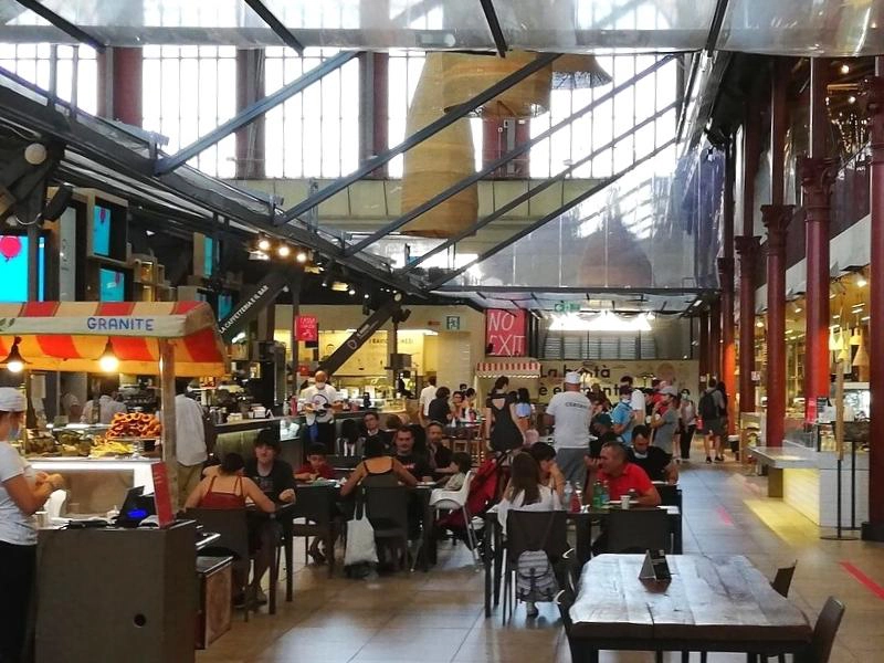 large indoor food market space with people sitting at tables