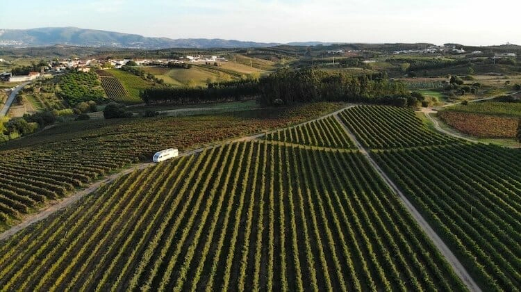 Campervan parked amongst grape vines in Portugal