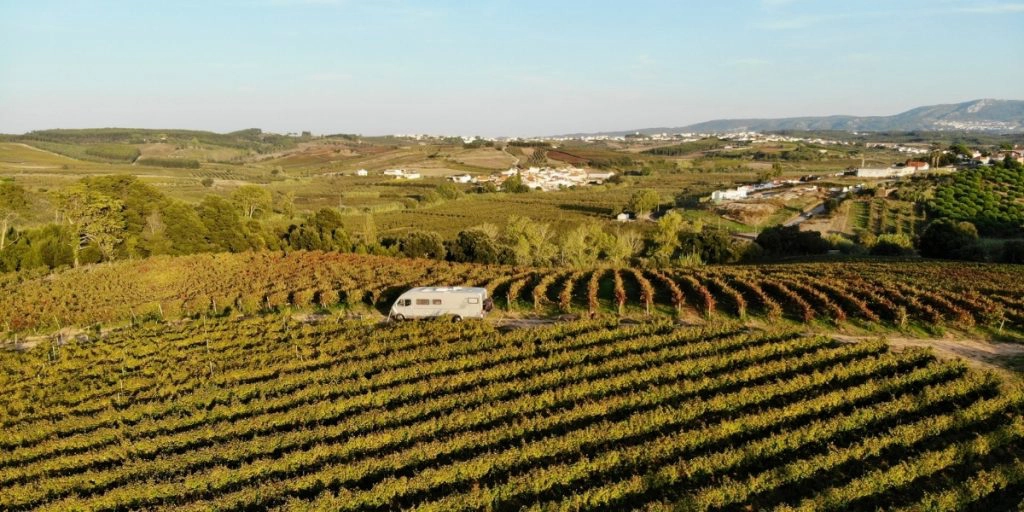 motorhome parked amongst vines in Portugal