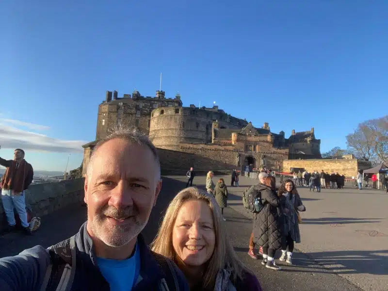 Selfie of couple in front of Edinburgh Castle