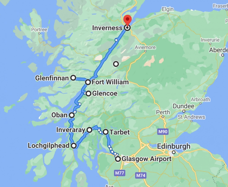 Scottish road trip map showing some of the best roads to drive in Scotland