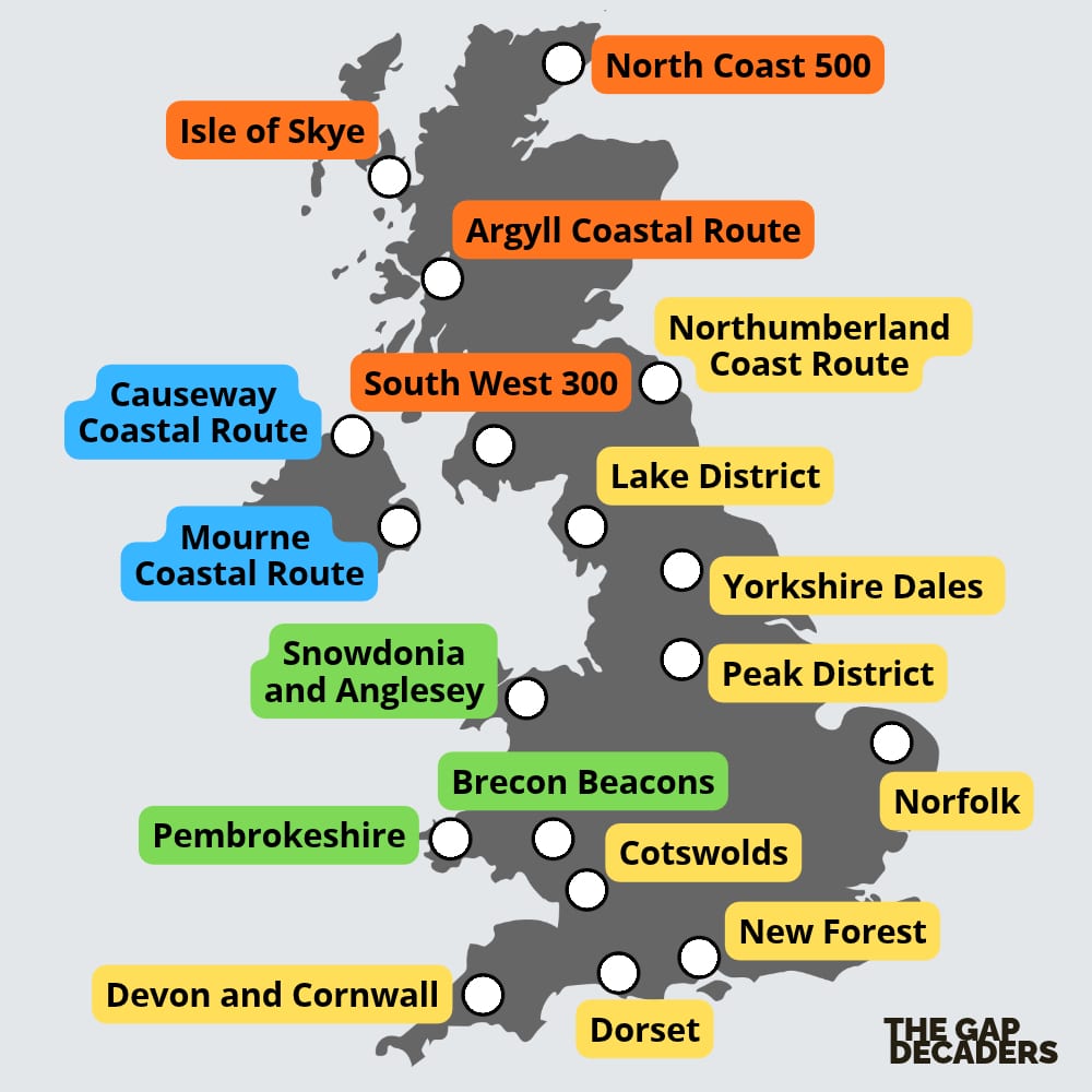Map of 18 UK road trips showing scenic routes across England, Scotland, Wales and Northern Ireland, including the NC500, Lake District and Cornwall.