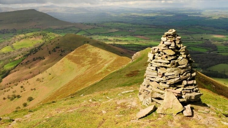 Stone cairn at the summit of Pen-y-Fan in the Brecon Beacons Wales