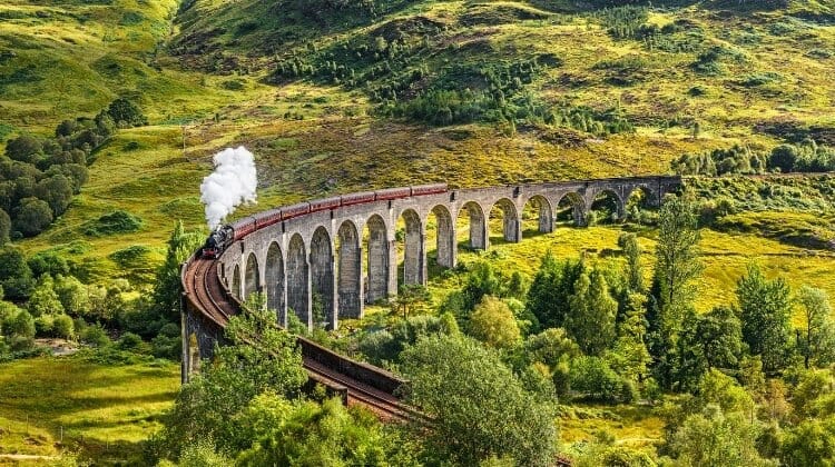 Glenfinnan arched viaduct with a steam train