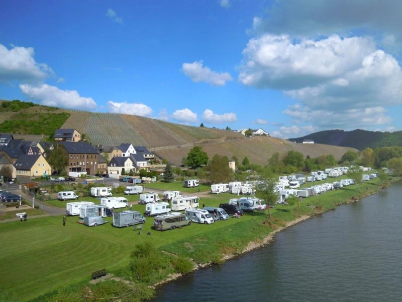 motorhomes parking on a grassy field by a river