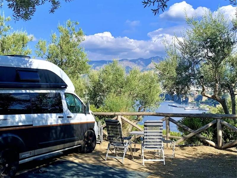 black and white camper van parked by olive trees and water, with mountains in the background