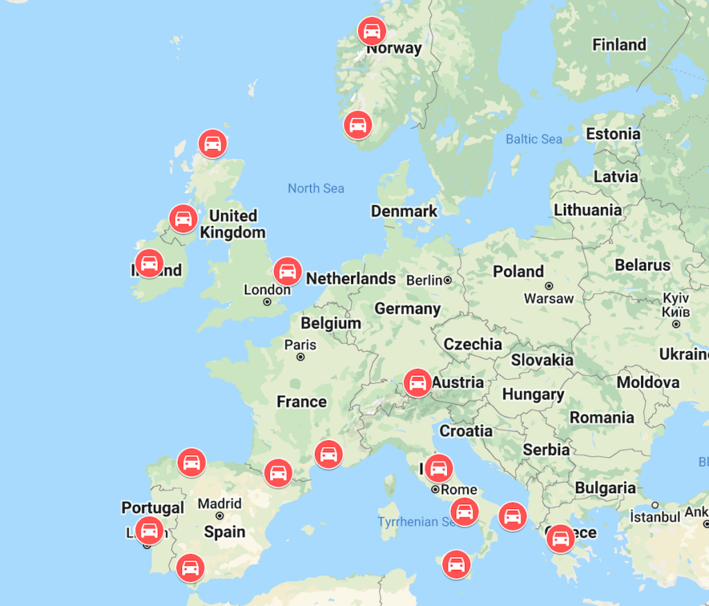 Best road trips Europe map