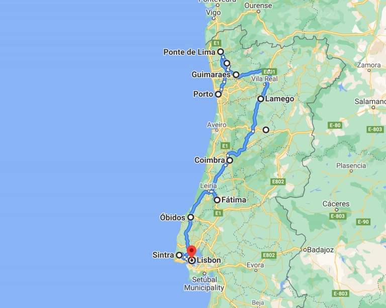 Portugal 10 day road trip map