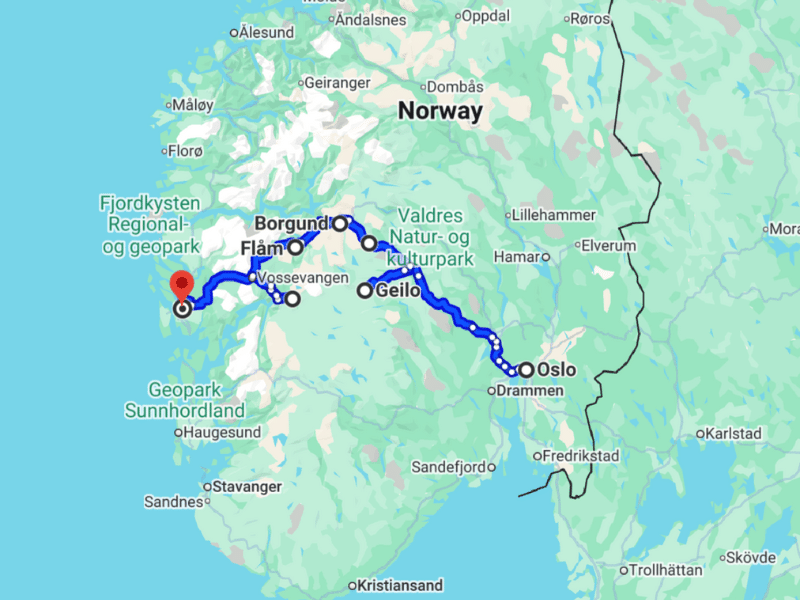 Oslo to Bergen road trip map