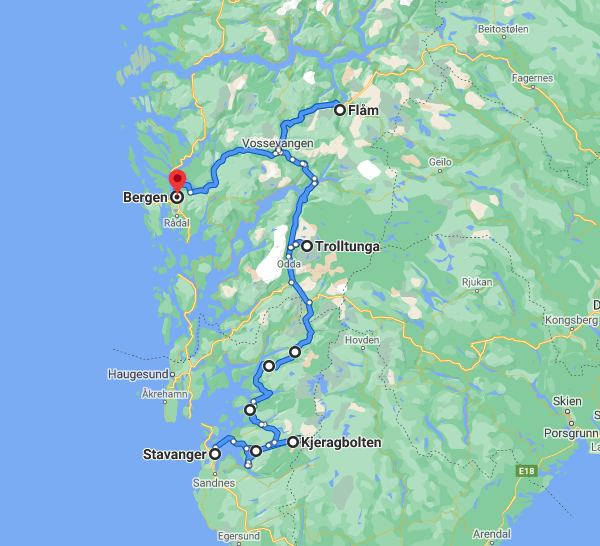 Norway road map Stavanger to Bergen