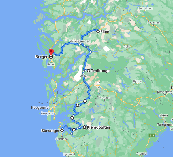 Norway road trip itinerary map Stavanger to Bergen