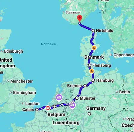 Driving and ferry route from Calais to Kristiansand via Hirtshals in Denmark