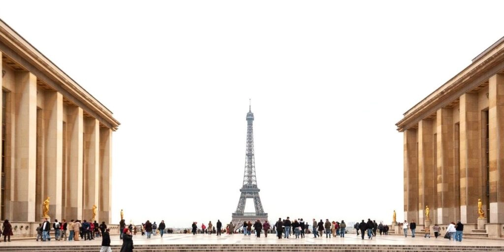 The Eiffel Tower in Paris seen from Jardins du Tracadero, with people milling around.